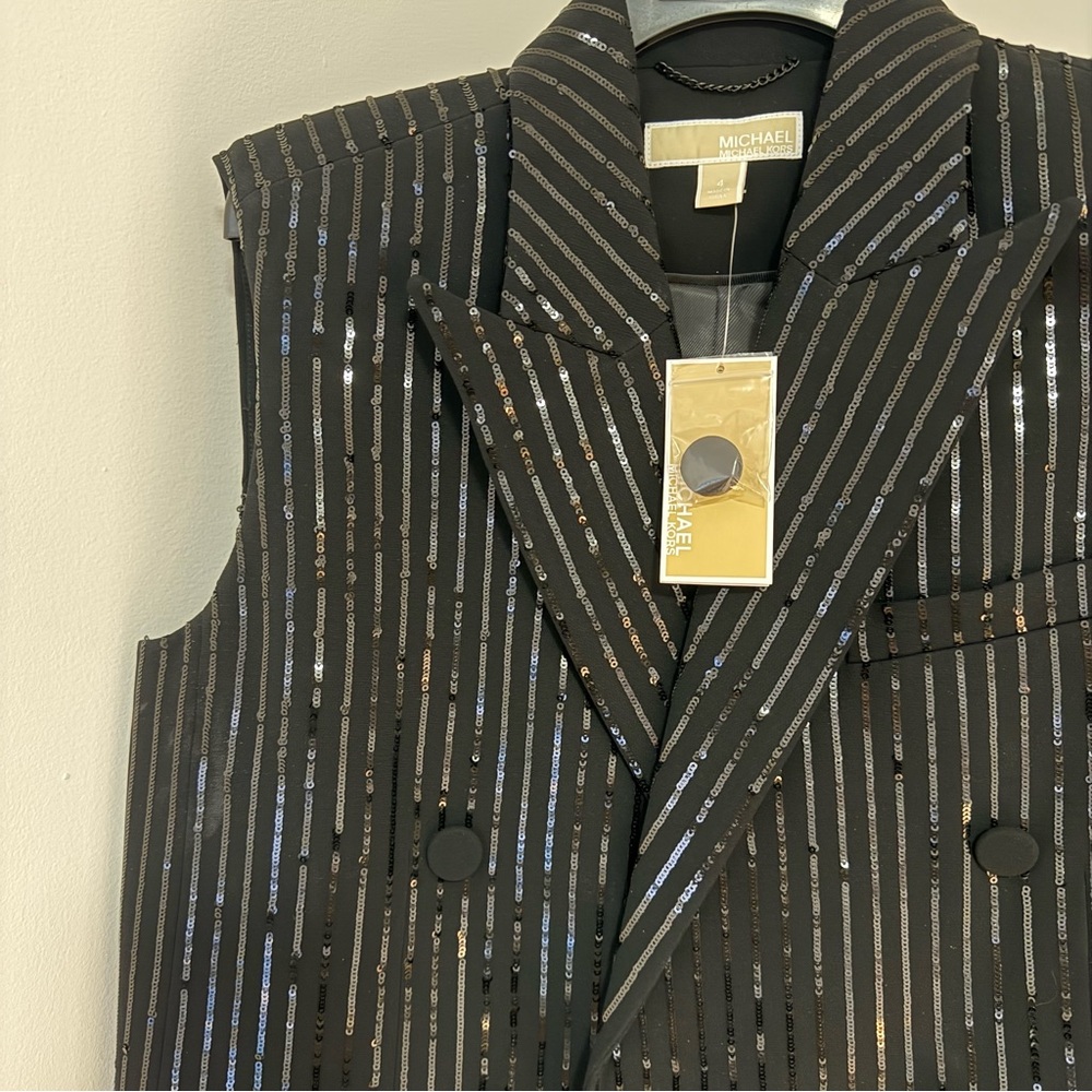 Michael Kors Black Sequin Pinstripe Double-Breasted Sleeveless Blazer Vest - Picture 3 of 8
